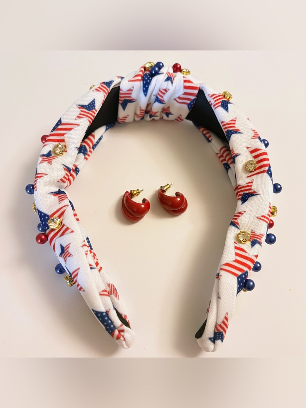 Patriotic Star Print Padded Headband w/Red Loop Earrings - NWOT
